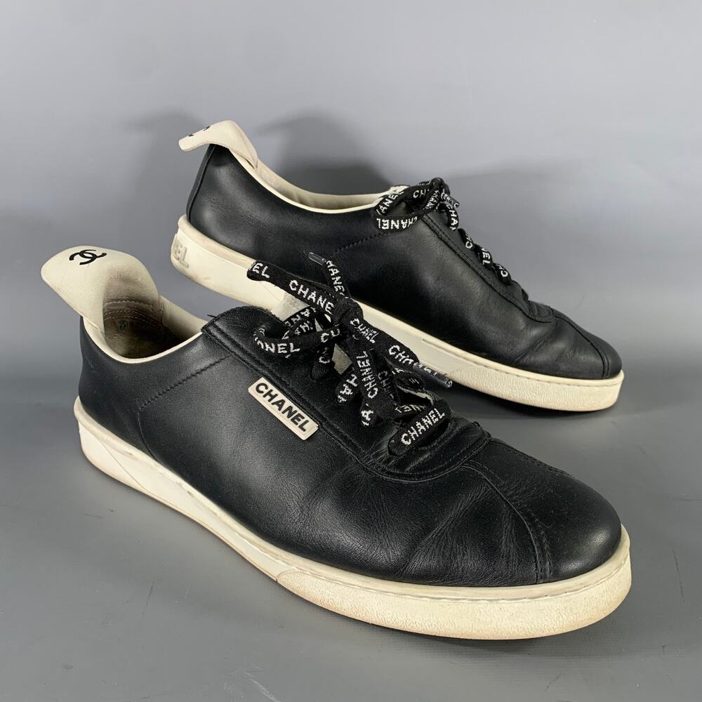 CHANEL Size 9 Black White Solid Leather Vulcanized sole Sneakers
